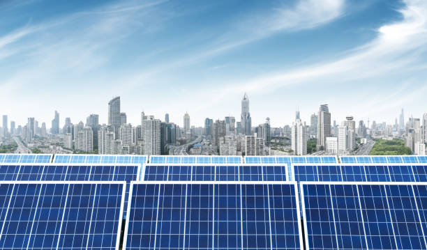 istock Urban background solar panels, Shanghai, China. 854254158