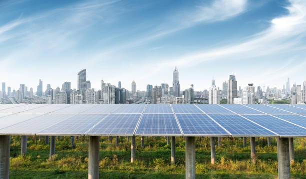 istock Urban background solar panels, Shanghai, China. 854254174