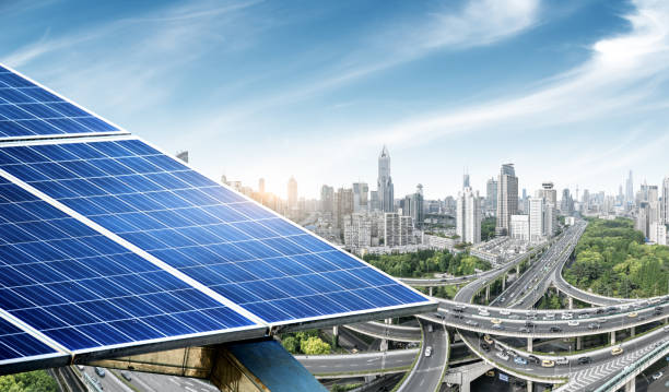 istock Urban background solar panels, Shanghai, China. 854254212