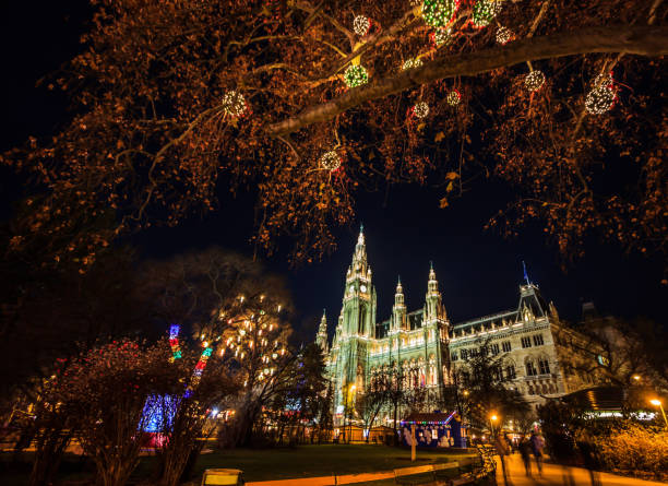 kolorowy, oświetlony nocny jarmark bożonarodzeniowy z rozmytym ruchem tłumu w wiedeńskim ratuszu na rathausplatz w austrii. - vienna austria vienna town hall night zdjęcia i obrazy z banku zdjęć