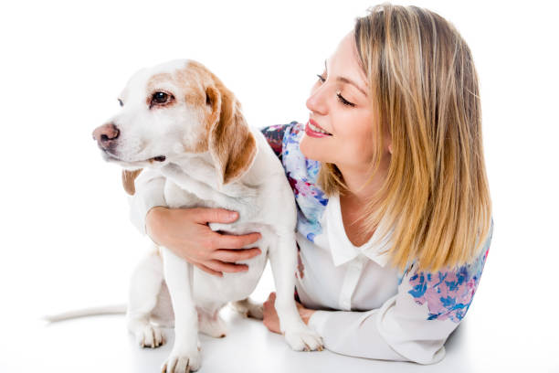 istock Dog with woman are posing in studio - isolated on white background 854260832