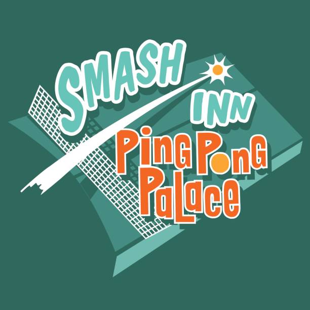 Ping pong theme design featuring a flying ball hitting a table at an imaginary place. Fictional vector illustration. Retro Ping pong theme design featuring a flying ball hitting a table at an imaginary place called Smash Inn Ping Pong Palace. For t-shirts, print design. Fictional illustration. ping pong table stock illustrations