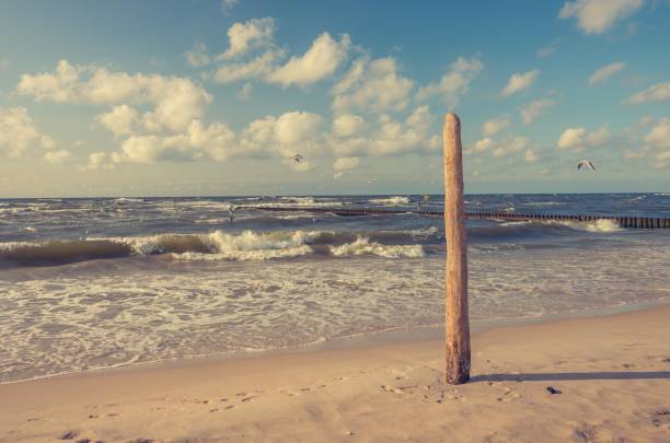 Waves on Baltic coast - afternoon seascape with mooring pile