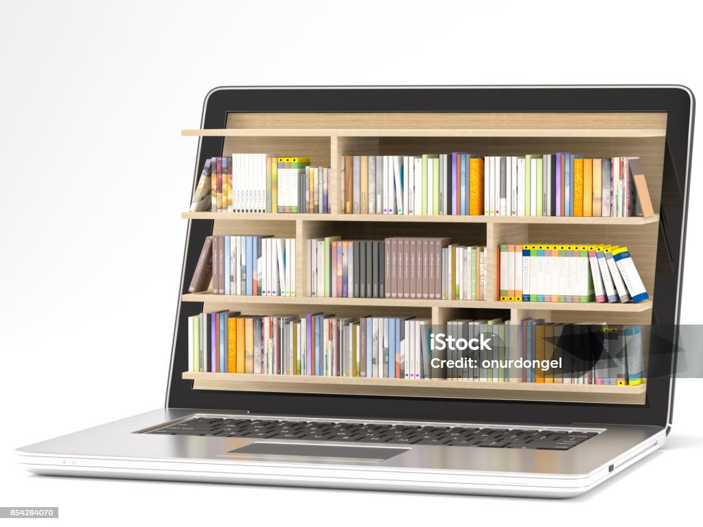 Laptop with library Library Stock Photo