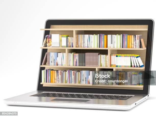 Laptop With Library Stock Photo - Download Image Now - Library, Book, Digital Display