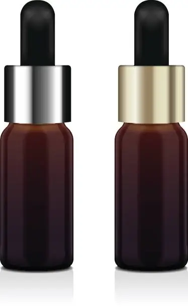Vector illustration of Realistic essential oil brown bottle set. Vector Mock up bottle cosmetic or medical vial, flask, flacon 3d illustration