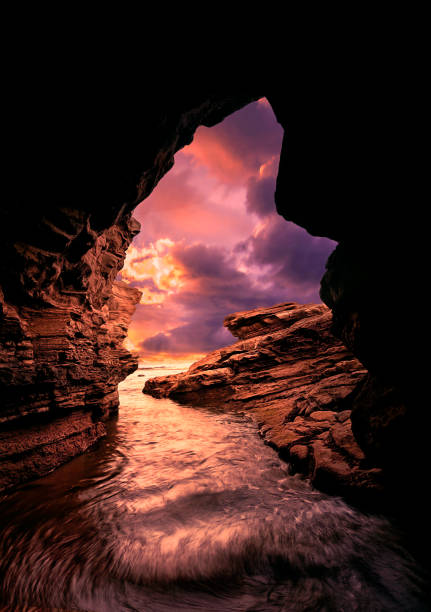 Sunset from looking out of one of the caves along Australias Great Ocean Road.