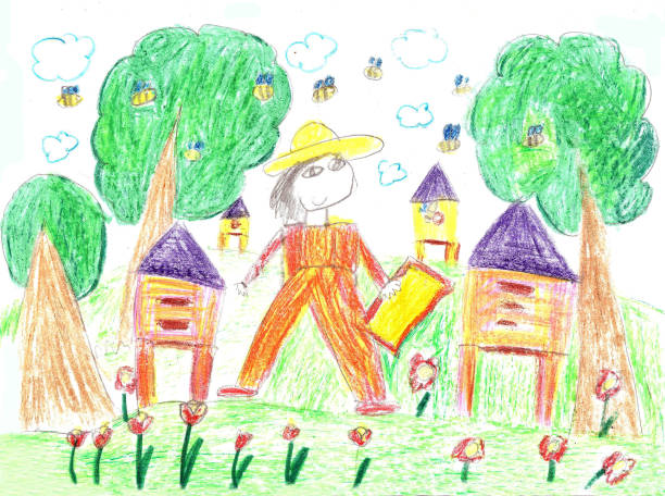 ilustrações de stock, clip art, desenhos animados e ícones de child's  drawing  beekeeper in a field holding honeycomb frame - apicultor ilustrações