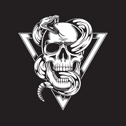 fully editable vector illustration of skull with snake isolated on black background , image suitable for insignia, emblem, badge, patch, tattoo, design element or graphic t-shirt