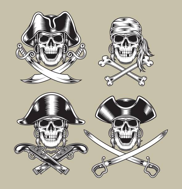 Pirate Skulls fully editable vector illustration of pirate skulls, image suitable for insignia, emblem, patch, badge, tattoo, design element or graphic t-shirt pirate criminal illustrations stock illustrations