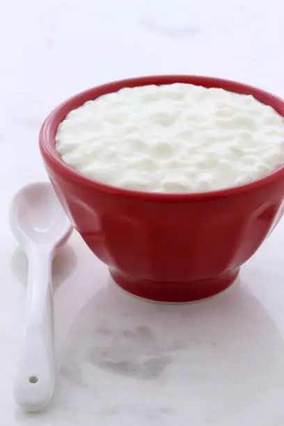 Delicious, nutritious and healthy fresh cottage cheese on vintage carrara marble setting.