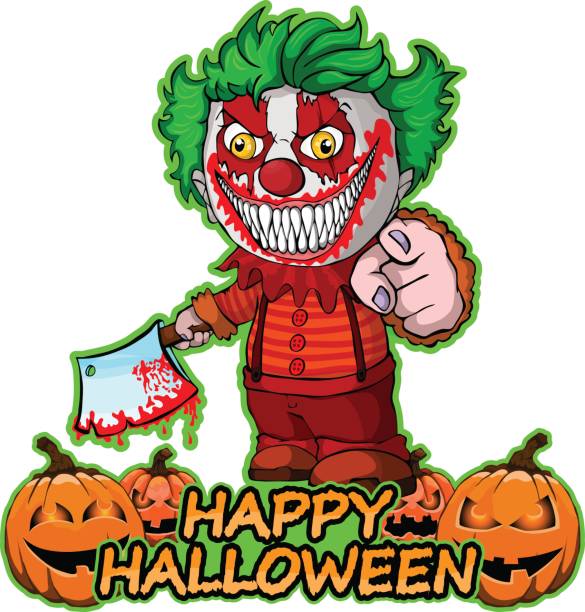 illustrazioni stock, clip art, cartoni animati e icone di tendenza di clown malvagio che tiene in mano un knif augura buon halloween su sfondo bianco isolato - circus bizarre men make up