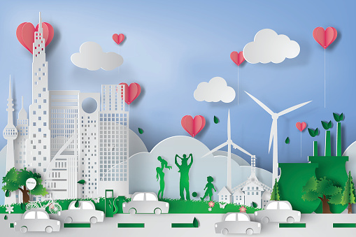 Green city  with eco concept elements. Vector,heart,pink,illustration