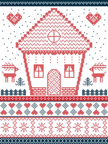 bildbanksillustrationer, clip art samt tecknat material och ikoner med nordisk stil och inspirerad av skandinavisk jul mönster och hantverk i korsstygn, i rött, blått inklusive pepparkakshus, julgran, stjärnor, snöflinga, hjärtat, renar, sömlös utsmyckade linje - winter wonderland