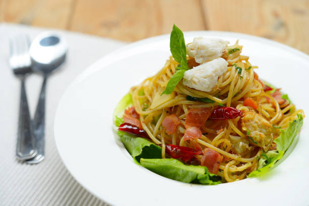 istock Spaghetti Crab and Bacon Stir Fried Olive Oil 854326044