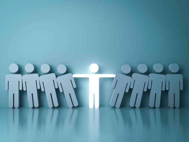 istock Stand out from the crowd and different creative idea concepts , One glowing light man standing with arms wide open among other people on dark green background with reflection and shadow. 3D rendering 854328198