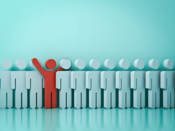 istock Stand out from the crowd and different creative idea concepts , One red man standing with arms wide open among other people on light green pastel background with reflection and shadows . 3D rendering 854329018