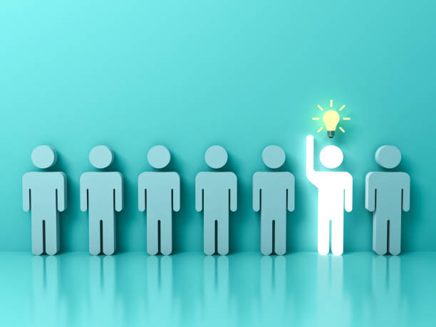 istock Stand out from the crowd and different concept , One glowing light man raising his hand with idea bulb among other people on light green pastel color background with reflections . 3D rendering 854329180