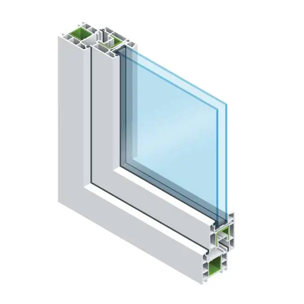 Vector illustration of Isometric Cross section through a window pane PVC profile laminated wood grain, classic white. Flat vector illustration of Cross-section diagram of glazed windows.