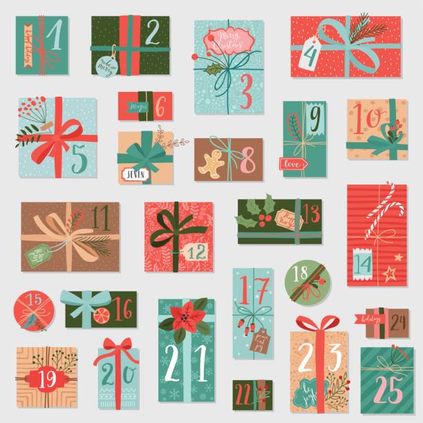 ilustraciones, imágenes clip art, dibujos animados e iconos de stock de calendario de adviento de navidad, estilo dibujado a mano. - calendario adviento