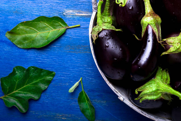 istock Fresh eggplant in grey basket on blue wooden table.Rustic background. Top view. Copy space. Vegan vegetable. 854340758