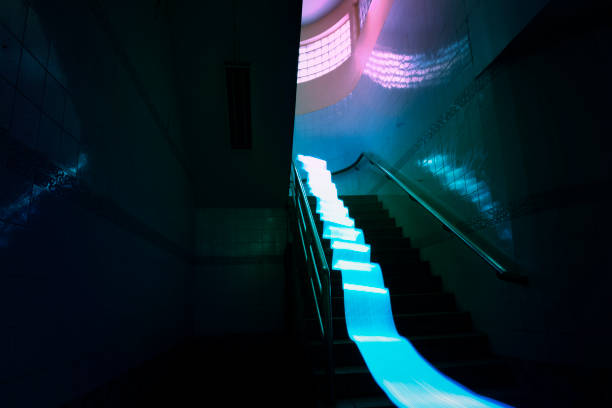 istock Blue light long exposure lines movement at the stair night time 854341928