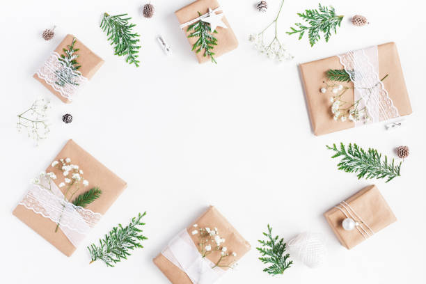 istock Christmas gifts on white background. Flat lay, top view 854342402