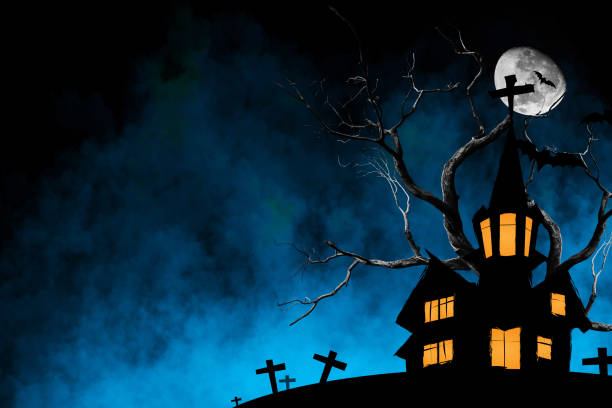 istock Halloween Night Greeting Card With Castle, Bats, tree and grave with fog smoke Background 854350090