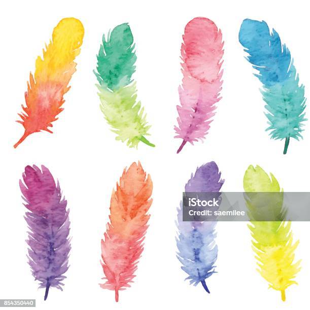 Watercolor Colorfull Feathers Stock Illustration - Download Image Now - Feather, Watercolor Paints, Purple