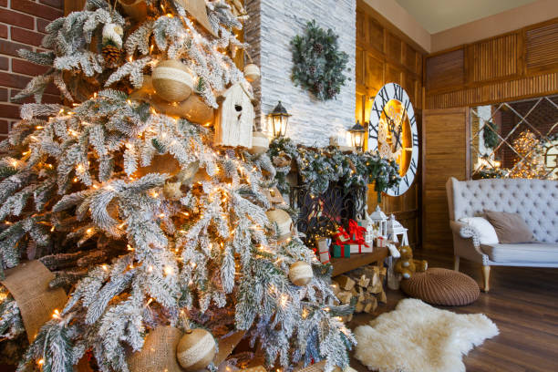 istock Cozy christmas interior with fir tree and fireplace 854350772
