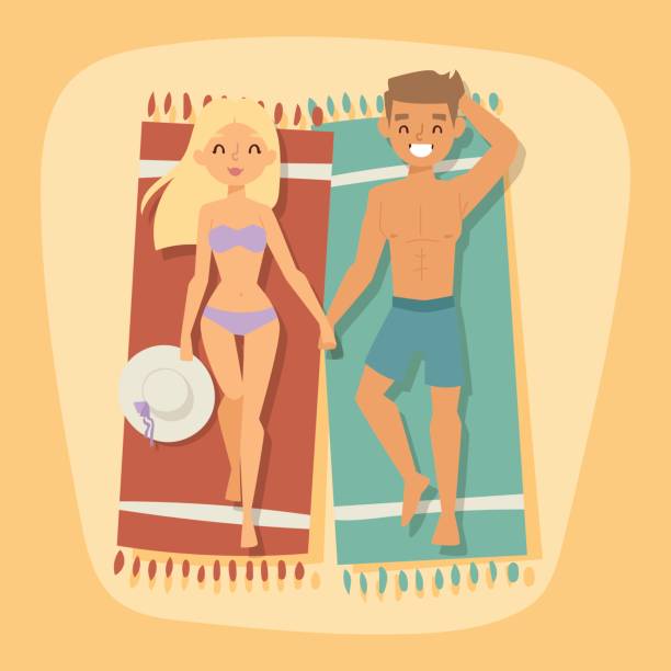 ilustrações, clipart, desenhos animados e ícones de pessoas de casal na praia ao ar livre verão lifestyle sol diversão férias felizes de ilustração de vetores de personagens de desenhos animados do tempo - fun tourist resort beach group of people