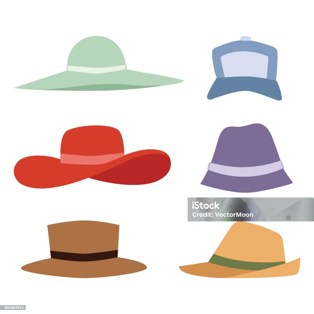 Beach accessories summer hats collection vector fashion beach travel beautiful head protection cap Beach accessories summer hats collection vector fashion beach travel beautiful tropical lifestyle people head protection cap. Hat stock vector