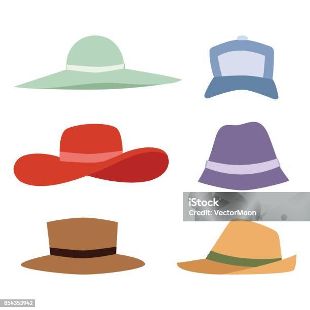 Beach Accessories Summer Hats Collection Vector Fashion Beach Travel Beautiful Head Protection Cap Stock Illustration - Download Image Now