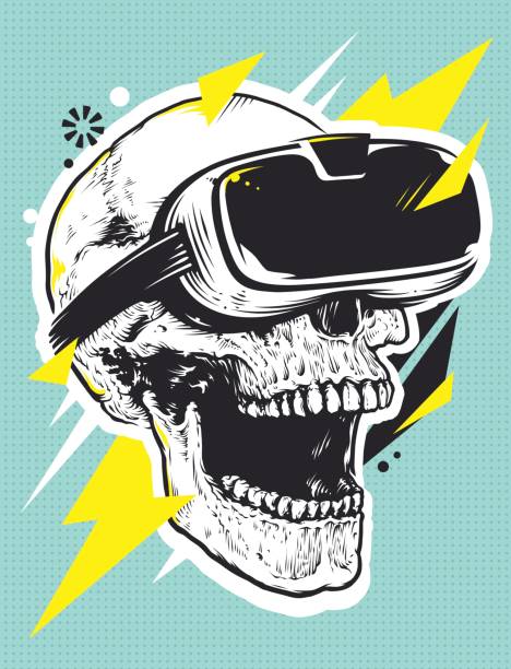 ilustraciones, imágenes clip art, dibujos animados e iconos de stock de cráneo en vr gafas pop art - pantalla montada en la cabeza