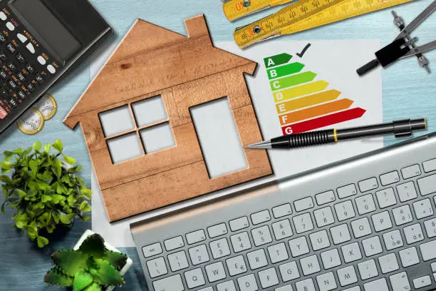 Energy efficiency rating graph on a desk with a wooden house model, calculator, folding ruler, drawing compass, pencil and a computer keyboard