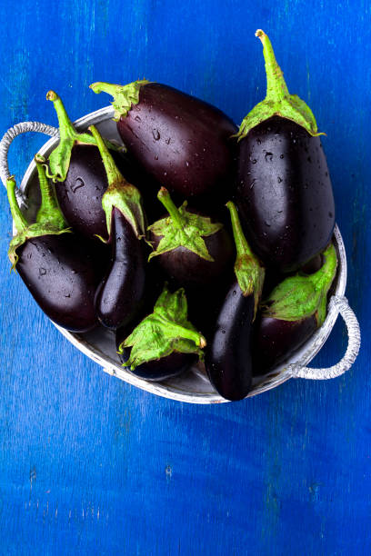 istock Fresh eggplant in grey basket on blue wooden table.Rustic background. Top view. Copy space. Vegan vegetable. 854355106
