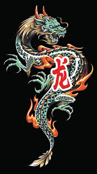 Asian Dragon Tattoo Color asian dragon tattoo Illustration. Dragon with fire and hieroglyph placed on black background. Vector art. asian mythology stock illustrations