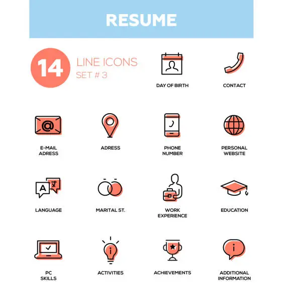 Vector illustration of Resume - modern simple thin line design icons, pictograms set