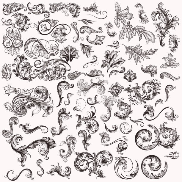 illustrations, cliparts, dessins animés et icônes de jeu de spirales dessinées à la main pour la conception énorme vectorielles - victorian style frame flourishes scroll shape