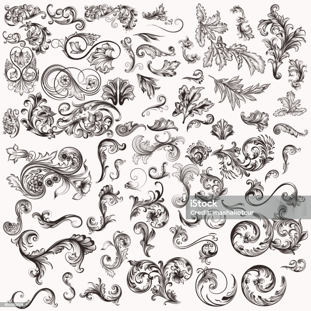 Huge vector set of hand drawn swirls for design Mega collection of hand drawn swirls for design Victorian Style stock vector