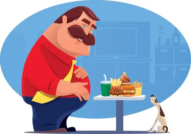 Vector illustration of fat man with junk food