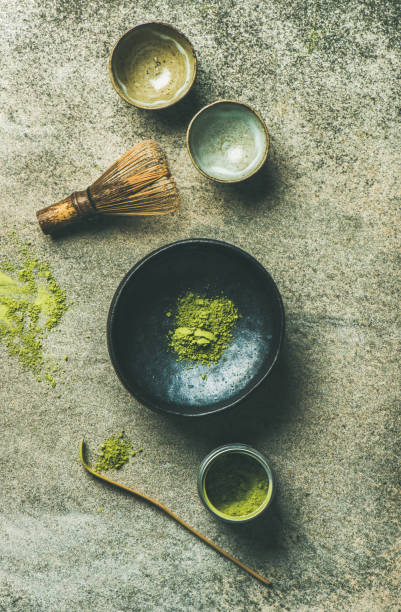istock Japanese tools for brewing matcha green tea, top view 854369336