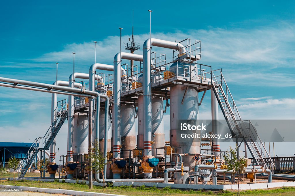 Gas station with pipeline and storage tanks Natural Gas Stock Photo