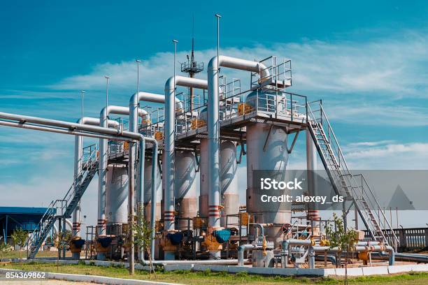 Gas Station With Pipeline And Storage Tanks Stock Photo - Download Image Now - Natural Gas, Power Station, Gas