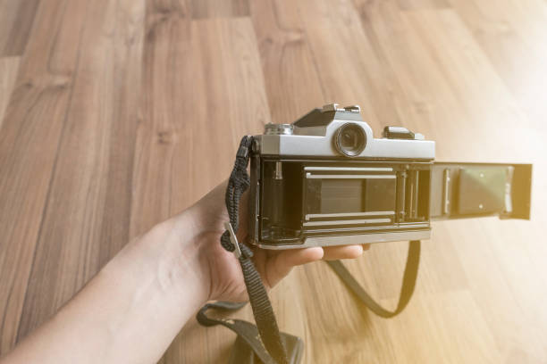 istock camera in Back panel showing Film Compartment and View Finder with wooden background 854370768