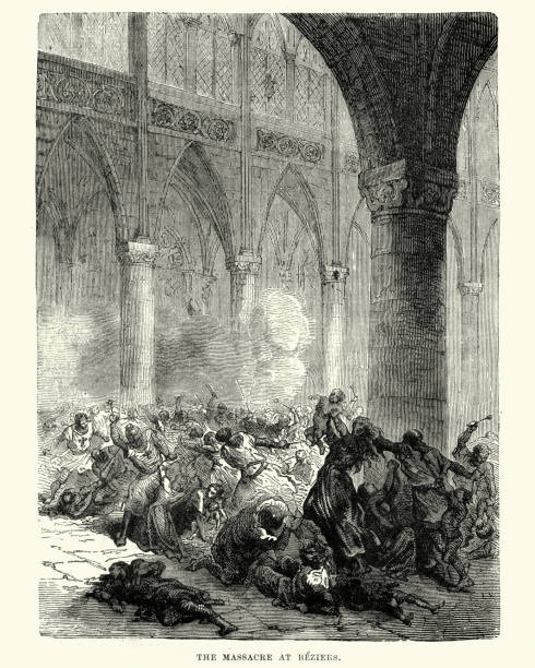 Albigensian Crusade, Massacre at Beziers Vintage engraving of Massacre at Beziers during the Albigensian Crusade. The Massacre at Beziers refers to the slaughter of the inhabitants during the sack of Beziers, an event that took place on 22 July 1209, and was the first major military action of the Albigensian Crusade. beziers stock illustrations