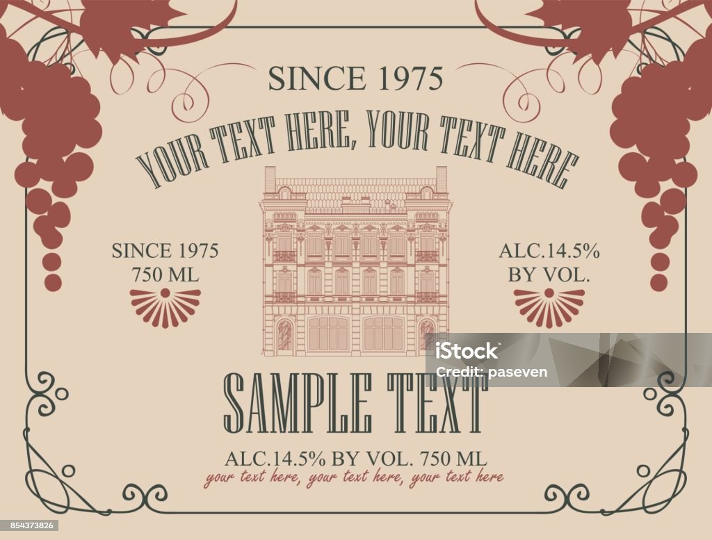 label for wine with old house and bunch of grapes Vector wine label with image of the old house and the bunches of grapes in curly frame in retro style Wine Cellar stock vector