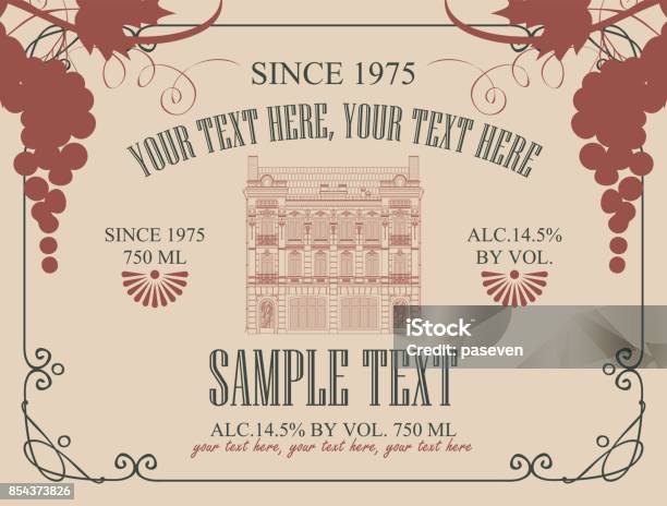Label For Wine With Old House And Bunch Of Grapes Stock Illustration - Download Image Now - Wine Cellar, Alcohol - Drink, Architecture