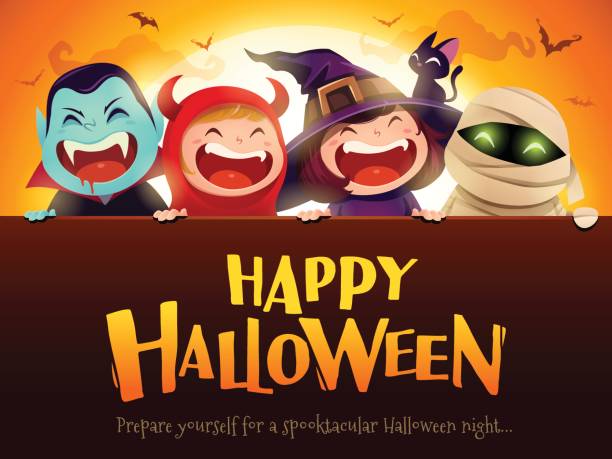 Happy Halloween Party. Group of kids in halloween costume with big signboard. In the moonlight. Group of kids in halloween costume holding a happy halloween signboard. kid animal costume stock illustrations