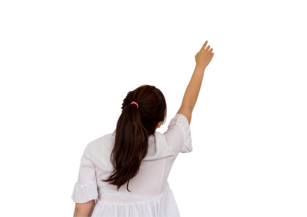 istock Girl making hand reaching over head, isolated on white background, clipping path 854374760